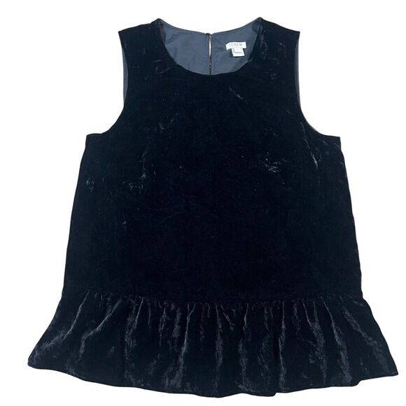 J.Crew Blouse Black Velvet Velour Drapy Peplum Ruffle Sleeveless Top Size 2 - Picture 1 of 7